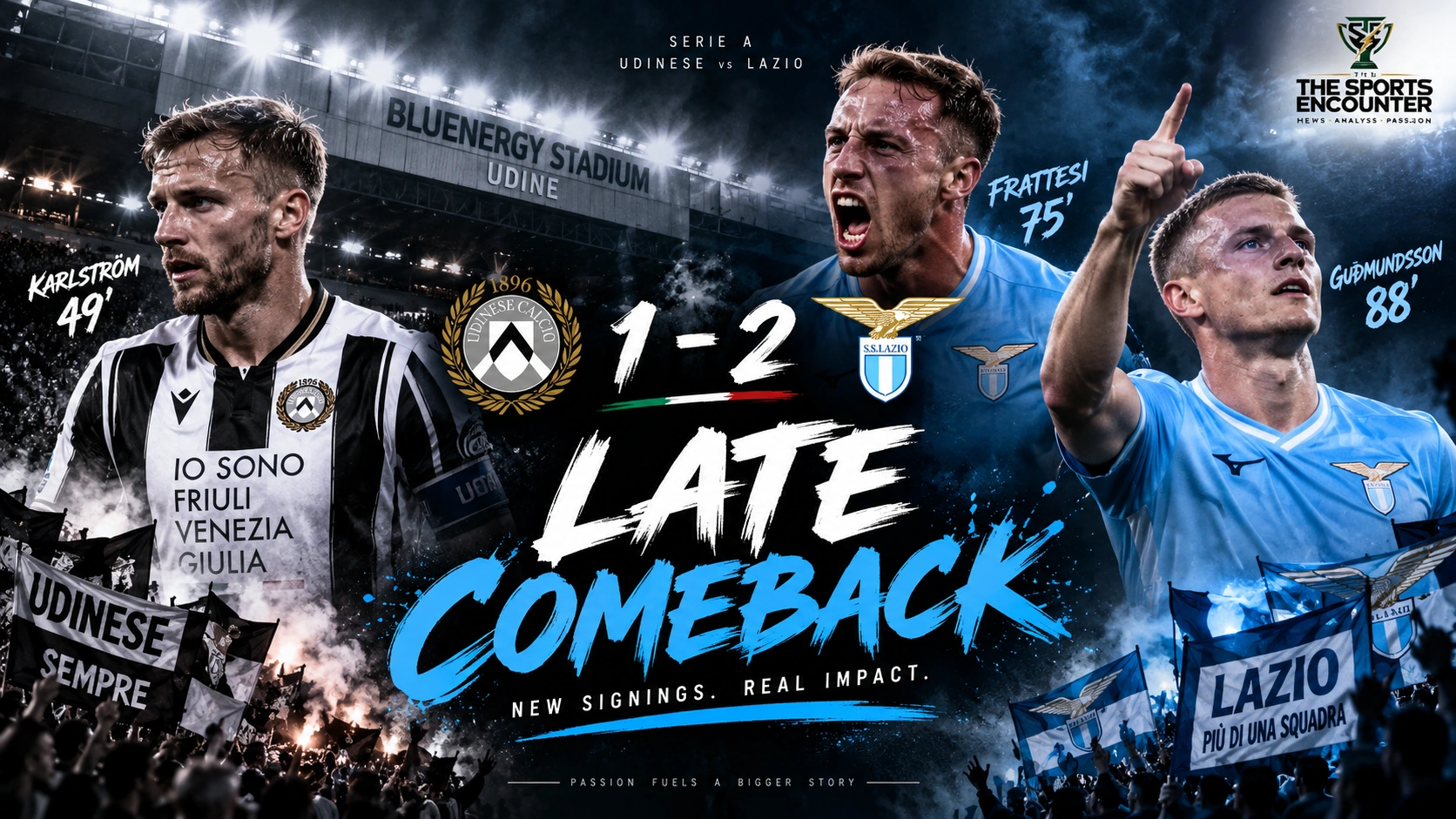 Davide Frattesi and Albert Guðmundsson celebrate Lazio’s late 2-1 comeback victory over Udinese in Serie A.