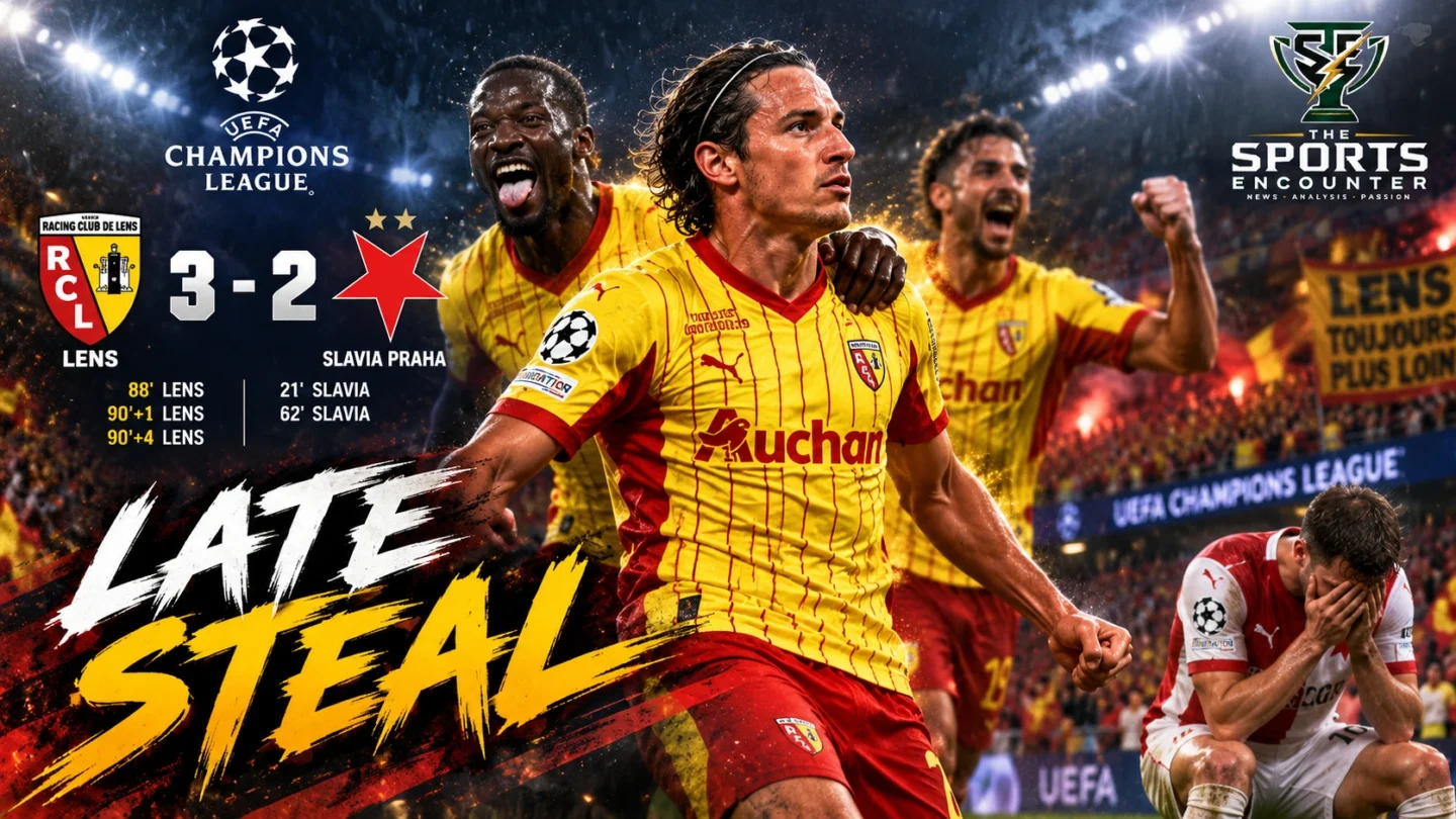 Lens players celebrate after two stoppage-time goals completed a 3-2 Champions League comeback against 10-man Slavia Praha.