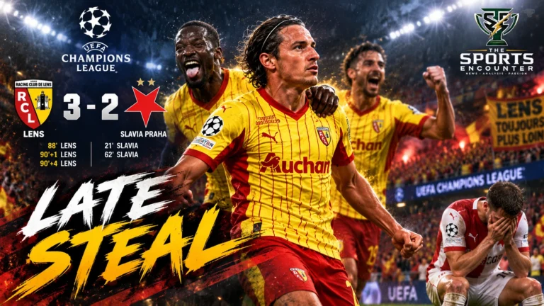 Lens players celebrate after two stoppage-time goals completed a 3-2 Champions League comeback against 10-man Slavia Praha.