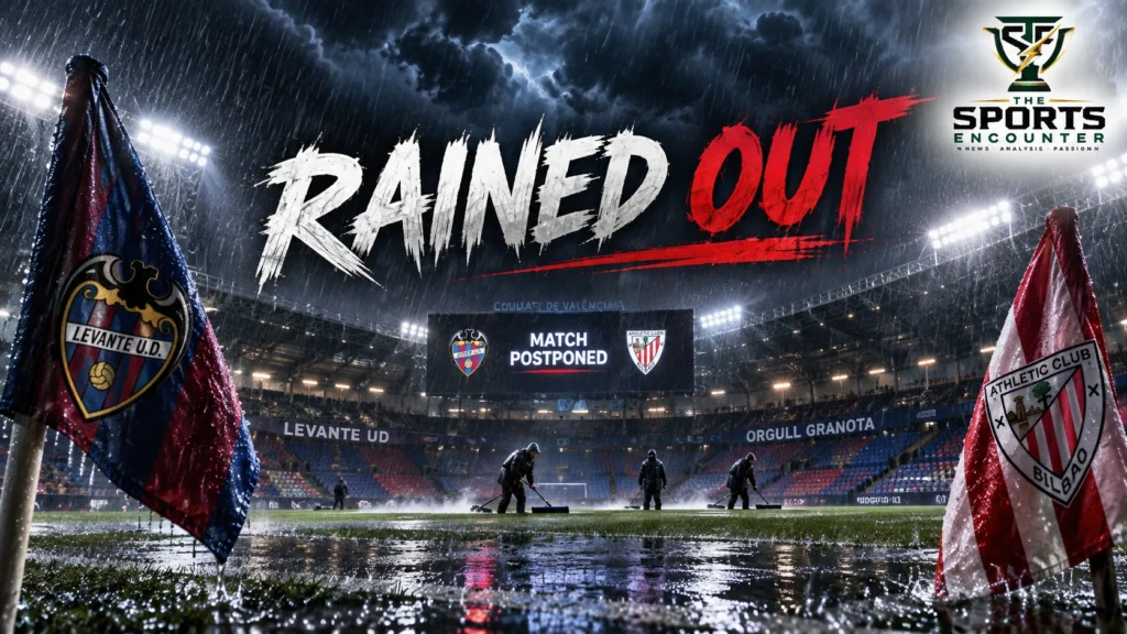 Heavy rain falls over the Ciutat de València after the La Liga match between Levante and Athletic Club was postponed because of unsafe conditions.