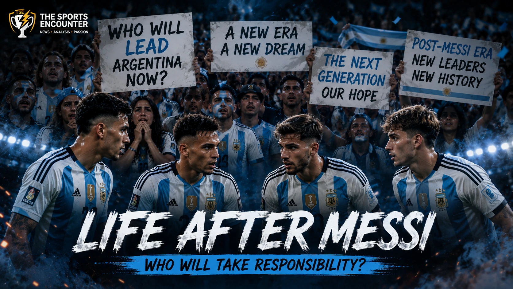 Emotional Argentina soccer fans hold signs asking who will lead the national team after Lionel Messi, while Argentina players look toward each other for responsibility in the post-Messi era.