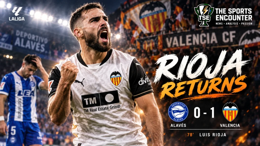 Luis Rioja celebrates after scoring Valencia’s 78th-minute winner against former club Deportivo Alavés at Mendizorroza in La Liga.