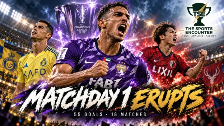 AFC Champions League Elite Matchday 1 featured image highlighting Al Ain’s 4-0 win over Al Nassr, Kashima Antlers’ 7-1 victory and 55 goals across 16 matches.