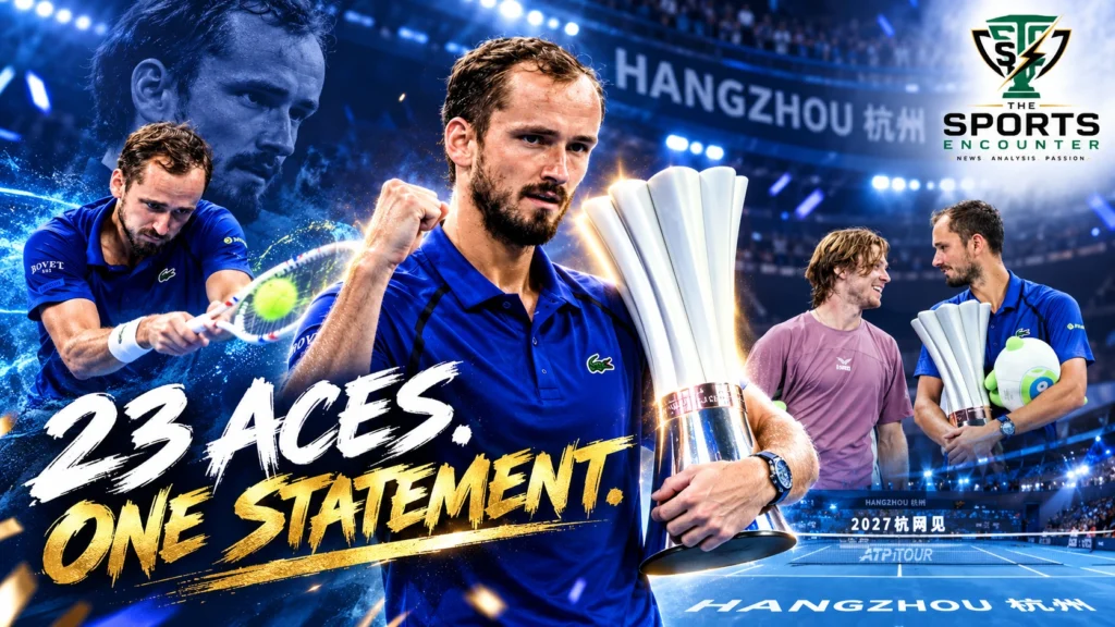 Daniil Medvedev celebrates after beating Andrey Rublev 7-5, 6-4 to win the 2026 Hangzhou Open title in China.