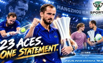 Daniil Medvedev celebrates after beating Andrey Rublev 7-5, 6-4 to win the 2026 Hangzhou Open title in China.