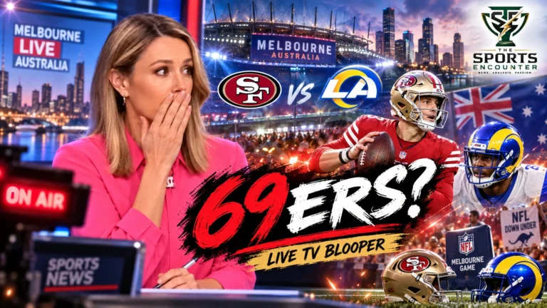 Australian TV presenter Allison Langdon during the viral segment in which she accidentally called the San Francisco 49ers the “69ers,” a clip that resurfaced during the NFL’s 2026 Melbourne game.
