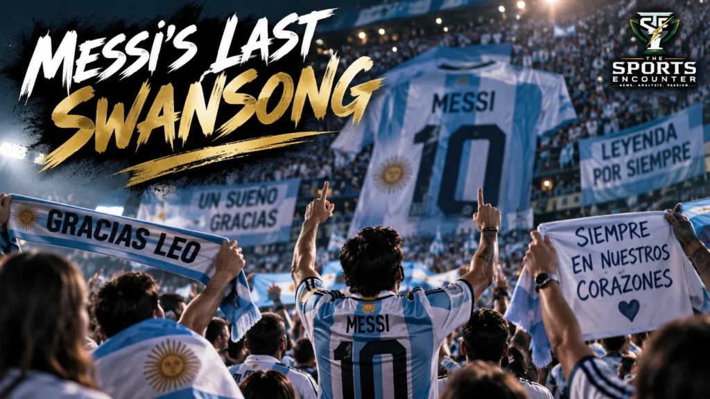 Lionel Messi in Argentina colors at a packed stadium, representing his planned October 6 farewell appearance against Benin in Buenos Aires.