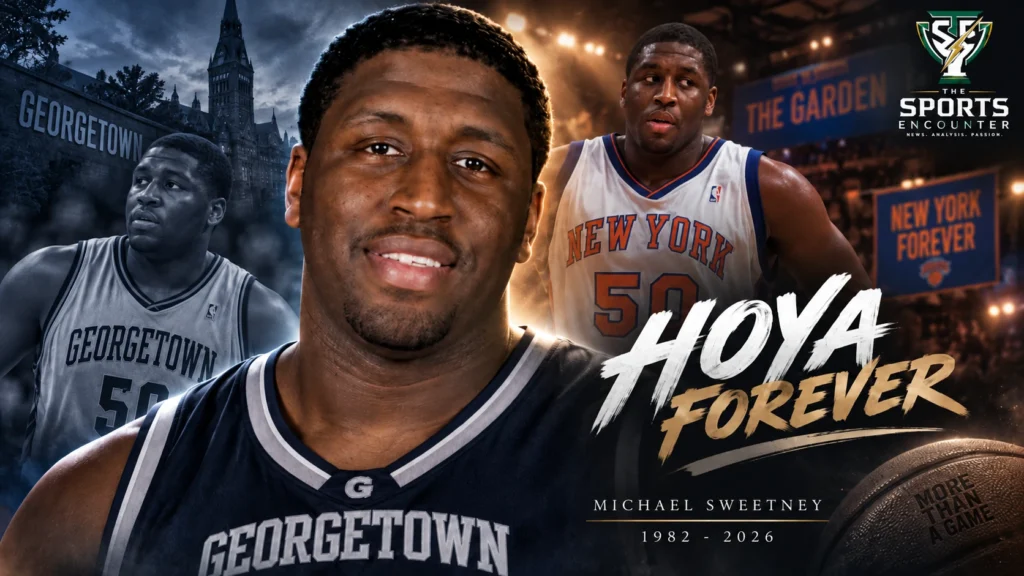 Michael Sweetney during his basketball career with Georgetown and the New York Knicks, remembered following his death at age 43.