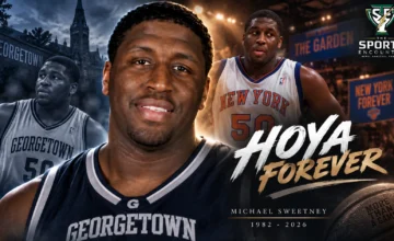 Michael Sweetney during his basketball career with Georgetown and the New York Knicks, remembered following his death at age 43.
