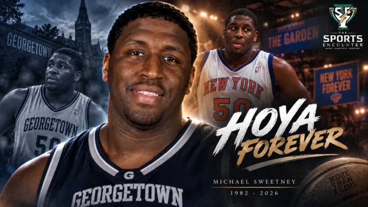 Michael Sweetney during his basketball career with Georgetown and the New York Knicks, remembered following his death at age 43.