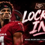 Michael Wilson featured in a cinematic Arizona Cardinals graphic highlighting his reported three-year, $75 million contract extension through the 2029 NFL season.