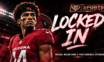 Michael Wilson featured in a cinematic Arizona Cardinals graphic highlighting his reported three-year, $75 million contract extension through the 2029 NFL season.
