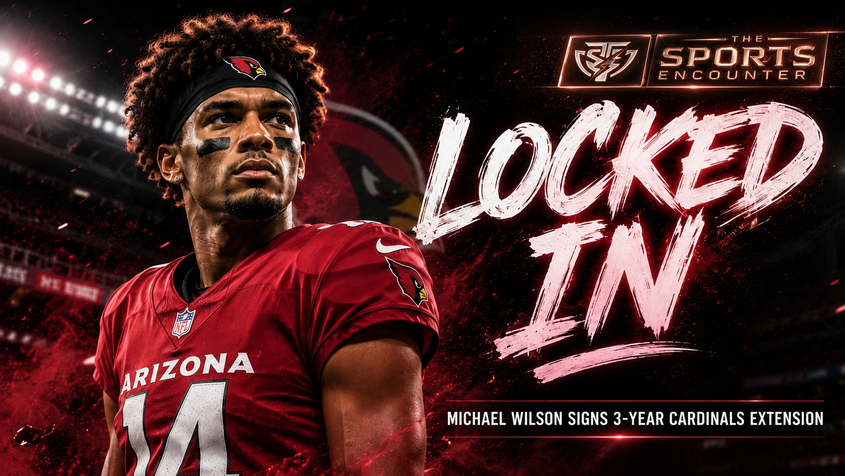Michael Wilson featured in a cinematic Arizona Cardinals graphic highlighting his reported three-year, $75 million contract extension through the 2029 NFL season.