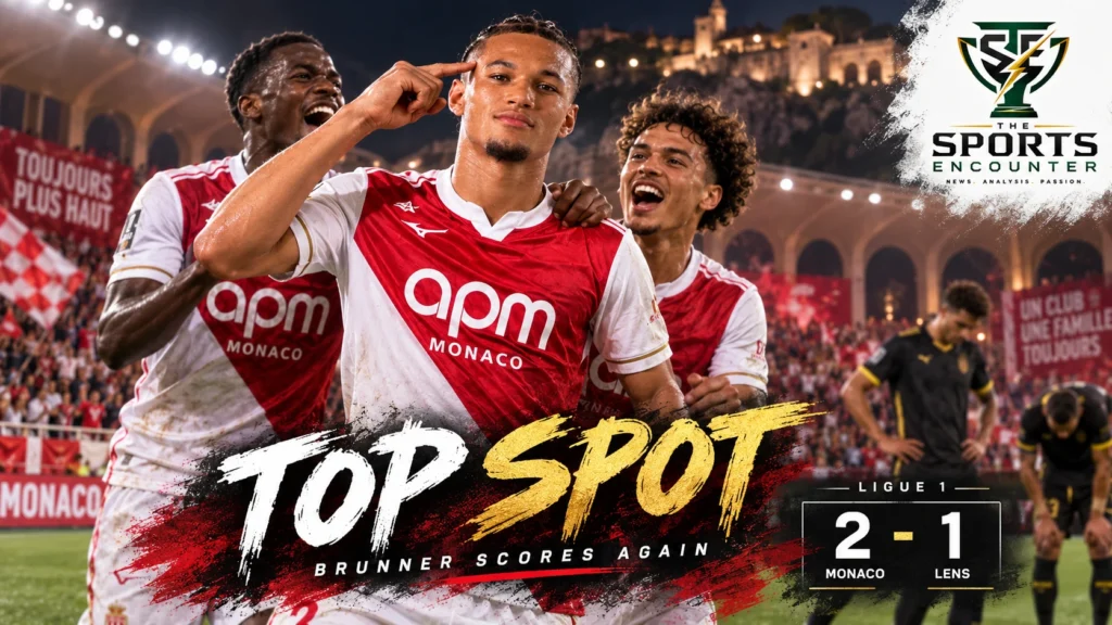 Paris Brunner and Monaco players celebrate during their 2-1 Ligue 1 victory over Lens at Stade Louis-II on September 18, 2026.