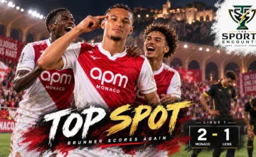Paris Brunner and Monaco players celebrate during their 2-1 Ligue 1 victory over Lens at Stade Louis-II on September 18, 2026.