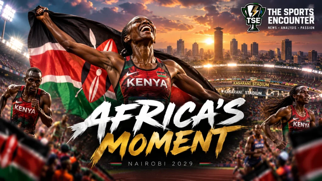 Kenyan athletes celebrate in front of Nairobi’s Kasarani Stadium after the city is awarded the 2029 World Athletics Championships, the first edition ever hosted in Africa.