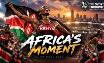 Kenyan athletes celebrate in front of Nairobi’s Kasarani Stadium after the city is awarded the 2029 World Athletics Championships, the first edition ever hosted in Africa.