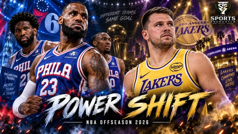 LeBron James in Philadelphia 76ers colors and Luka Dončić in Los Angeles Lakers colors headline a cinematic NBA 2026 offseason power-shift graphic, with Joel Embiid and other stars in the background.
