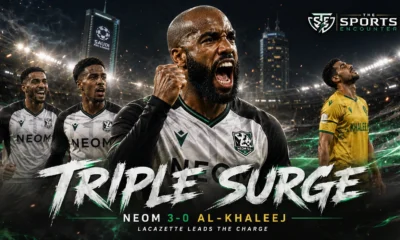 Alexandre Lacazette and NEOM players celebrating a 3-0 Saudi Pro League win over Al Khaleej, with the victory lifting NEOM provisionally to fifth place.