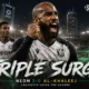 Alexandre Lacazette and NEOM players celebrating a 3-0 Saudi Pro League win over Al Khaleej, with the victory lifting NEOM provisionally to fifth place.