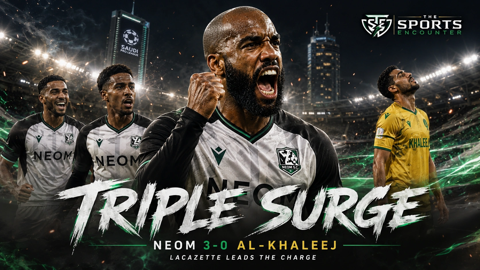 Alexandre Lacazette and NEOM players celebrating a 3-0 Saudi Pro League win over Al Khaleej, with the victory lifting NEOM provisionally to fifth place.
