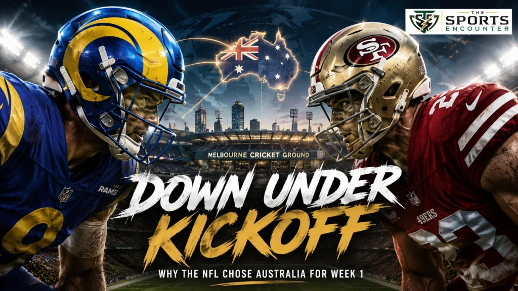 Los Angeles Rams and San Francisco 49ers players featured in a cinematic Melbourne Cricket Ground graphic highlighting why the NFL chose Australia for a historic Week 1 regular-season game.