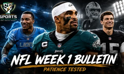 Brian Branch, Jalen Hurts and Fernando Mendoza featured in an NFL Week 1 bulletin graphic covering Detroit’s injury concerns, Philadelphia’s post-A.J. Brown transition and Las Vegas’ quarterback decision.