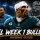 Brian Branch, Jalen Hurts and Fernando Mendoza featured in an NFL Week 1 bulletin graphic covering Detroit’s injury concerns, Philadelphia’s post-A.J. Brown transition and Las Vegas’ quarterback decision.