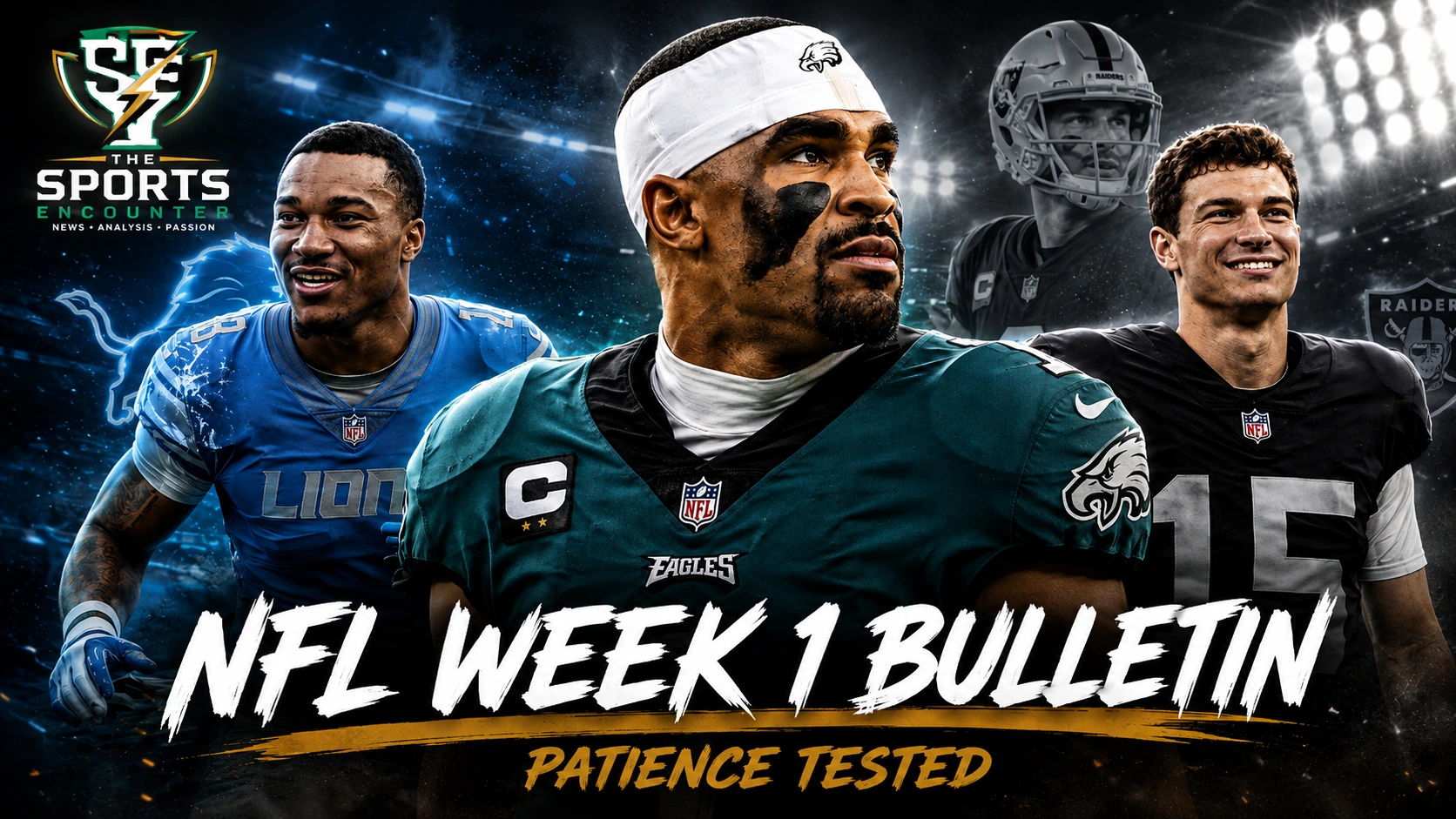 Brian Branch, Jalen Hurts and Fernando Mendoza featured in an NFL Week 1 bulletin graphic covering Detroit’s injury concerns, Philadelphia’s post-A.J. Brown transition and Las Vegas’ quarterback decision.