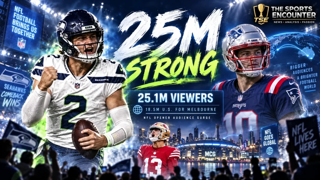 Seattle Seahawks and New England Patriots players under stadium lights alongside NFL television audience figures highlighting 25.1 million viewers for the 2026 season opener and the league's opening-week ratings story.