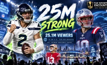Seattle Seahawks and New England Patriots players under stadium lights alongside NFL television audience figures highlighting 25.1 million viewers for the 2026 season opener and the league's opening-week ratings story.