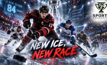 A cinematic NHL 2026-27 season preview graphic featuring Stanley Cup contenders, rising stars and the league’s expanded 84-game schedule.