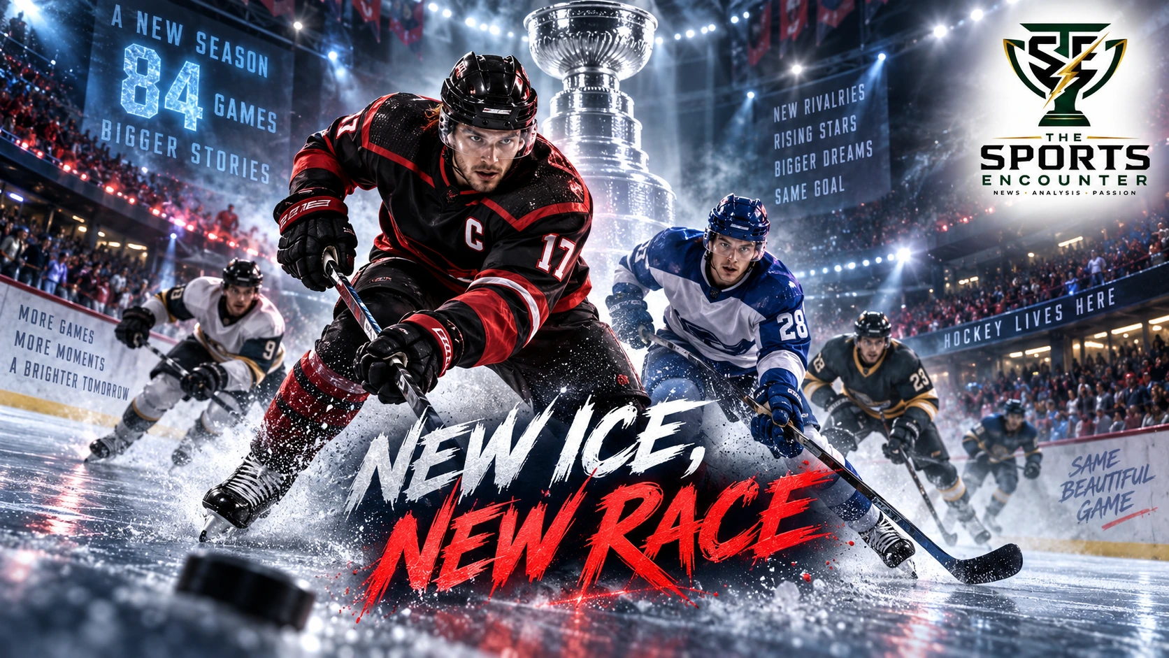 A cinematic NHL 2026-27 season preview graphic featuring Stanley Cup contenders, rising stars and the league’s expanded 84-game schedule.