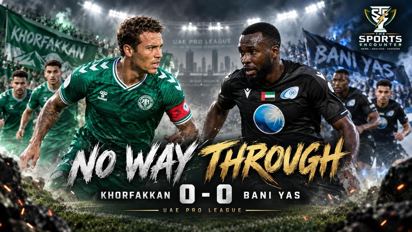 Khorfakkan and Bani Yas players contest the ball during their 0-0 UAE Pro League draw in Khor Fakkan.