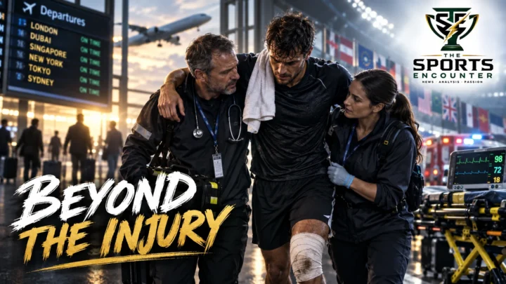 International athlete receiving coordinated medical assistance after a sports injury abroad, illustrating hospital care, travel support and medical repatriation.