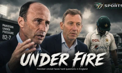 Nasser Hussain and Michael Atherton featured in a cinematic Pakistan cricket crisis graphic as Sky Sports commentators question the team’s performances, PCB management and leadership during the 2026 England Test series.