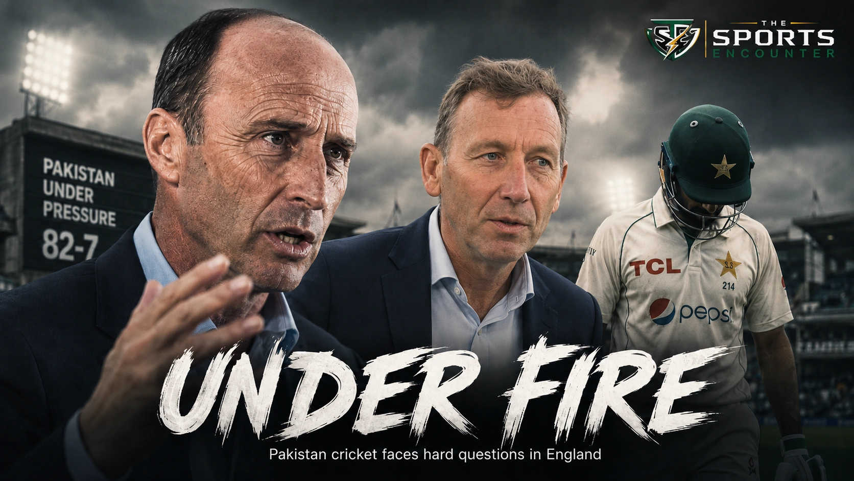 Nasser Hussain and Michael Atherton featured in a cinematic Pakistan cricket crisis graphic as Sky Sports commentators question the team’s performances, PCB management and leadership during the 2026 England Test series.