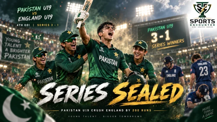 Pakistan Under-19 players celebrate during their 200-run victory over England Under-19s at Wormsley in the fourth Youth ODI.