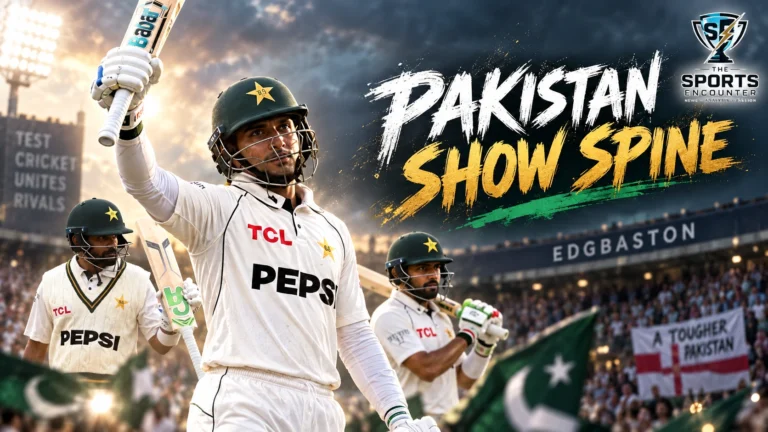 Pakistan debutant Razaullah raises his bat after a defiant 81 against England at Edgbaston, with Shan Masood and Babar Azam in the background as Pakistan fight back on Day 3 of the third Test.