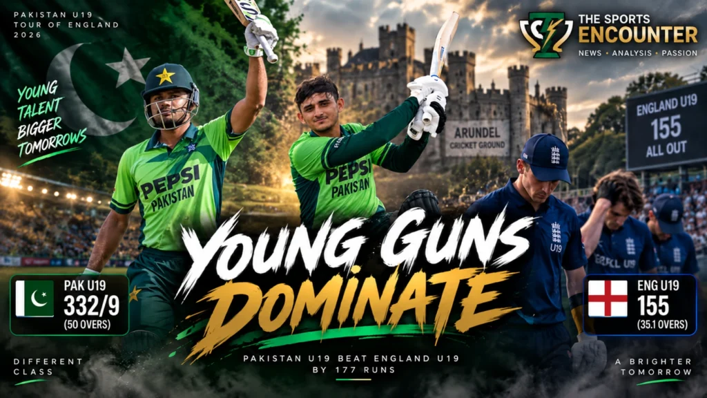 Usman Khan and Farhan Yousaf celebrate after leading Pakistan U19 to a dominant 177-run win over England U19 at Arundel.