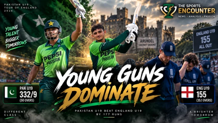 Usman Khan and Farhan Yousaf celebrate after leading Pakistan U19 to a dominant 177-run win over England U19 at Arundel.