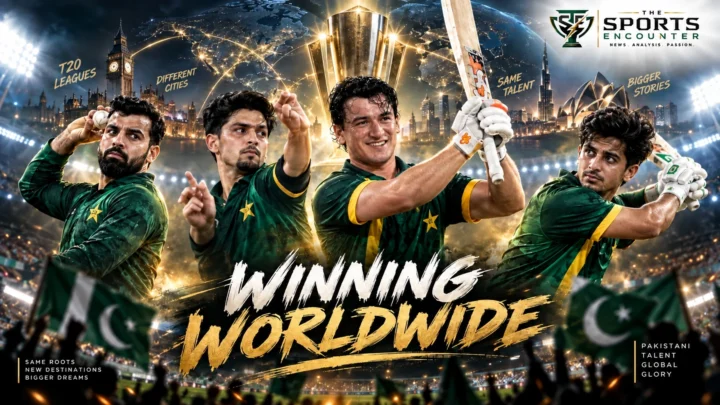 Pakistani T20 stars Shadab Khan, Sufyan Moqim, Maaz Sadaqat and Saim Ayub in franchise cricket action during major 2026 title runs.