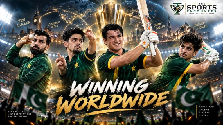 Pakistani T20 stars Shadab Khan, Sufyan Moqim, Maaz Sadaqat and Saim Ayub in franchise cricket action during major 2026 title runs.