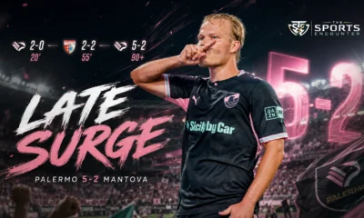 Joel Pohjanpalo celebrates after Palermo's 5-2 Coppa Italia win over Mantova, with the final score and scorers displayed beside him.