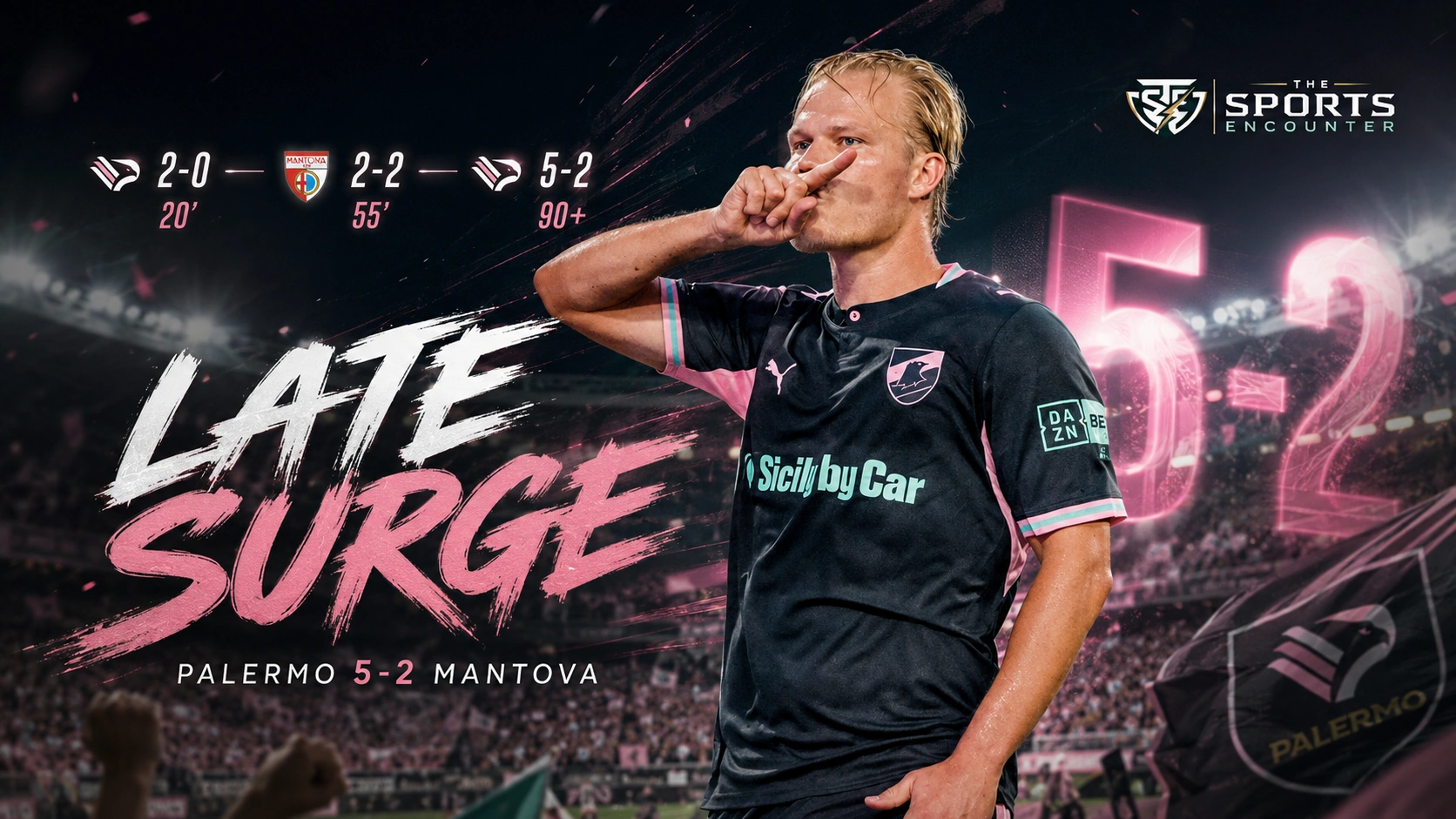 Joel Pohjanpalo celebrates after Palermo's 5-2 Coppa Italia win over Mantova, with the final score and scorers displayed beside him.