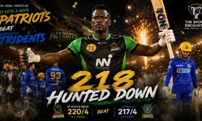 Johnson Charles celebrates during St Kitts and Nevis Patriots’ six-wicket win over Barbados Tridents after chasing 218 in CPL 2026 Match 23.