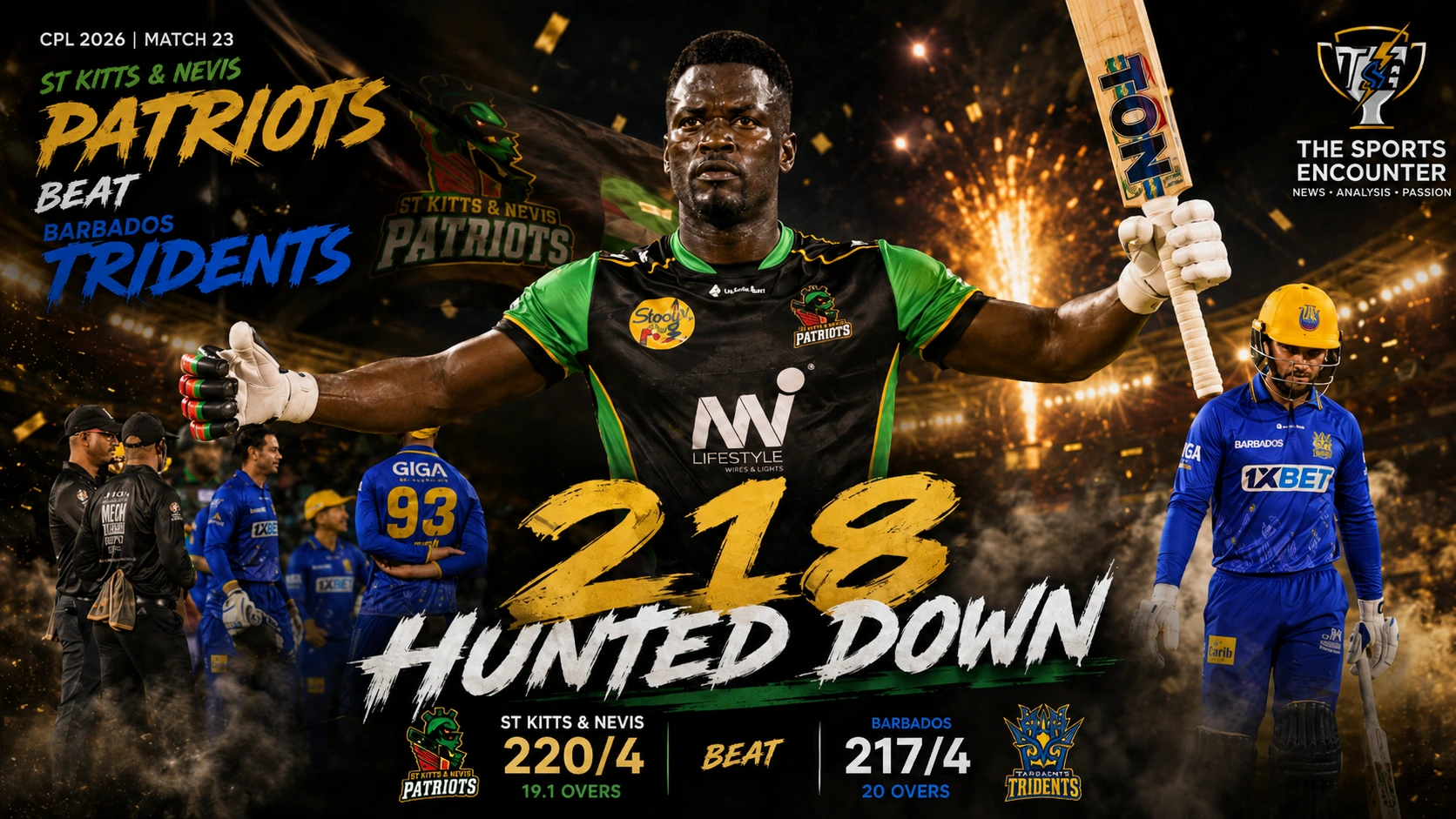 Johnson Charles celebrates during St Kitts and Nevis Patriots’ six-wicket win over Barbados Tridents after chasing 218 in CPL 2026 Match 23.