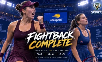 Jessica Pegula celebrates after defeating Emma Navarro in three sets to reach the 2026 US Open semifinals at Arthur Ashe Stadium.