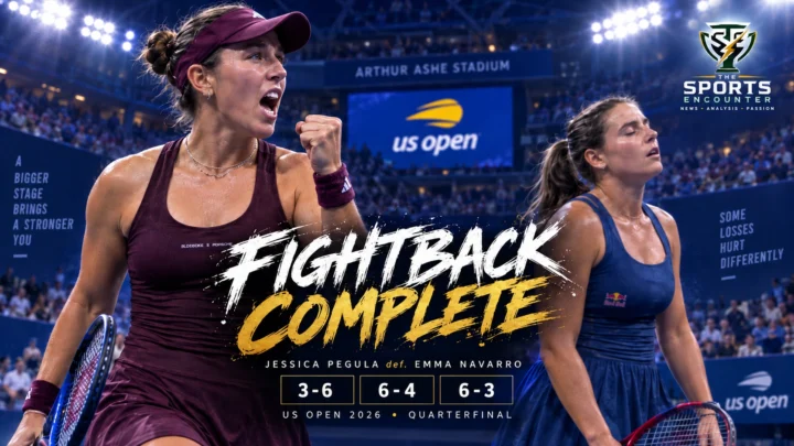 Jessica Pegula celebrates after defeating Emma Navarro in three sets to reach the 2026 US Open semifinals at Arthur Ashe Stadium.