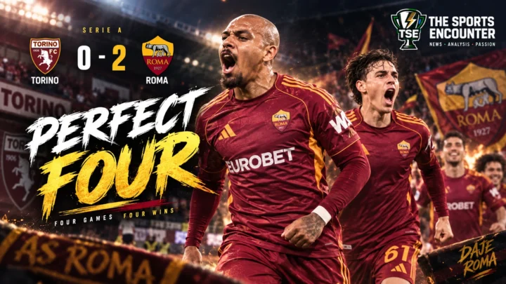 Donyell Malen celebrates for Roma after scoring in the 2-0 Serie A victory over Torino before Roma's top-of-the-table clash with Inter.